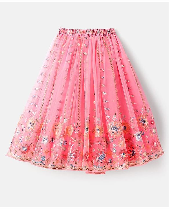 Babyhug Net Woven Off Shoulder Floral Sequenced Embroidered Choli Lehenga Set With and Dupatta - Pink