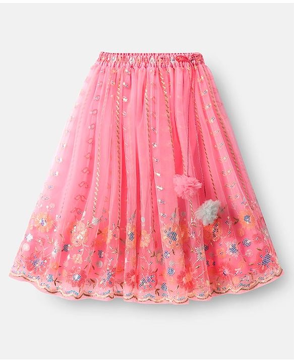 Babyhug Net Woven Off Shoulder Floral Sequenced Embroidered Choli Lehenga Set With and Dupatta - Pink