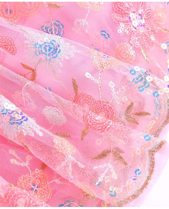 Babyhug Net Woven Off Shoulder Floral Sequenced Embroidered Choli Lehenga Set With and Dupatta - Pink