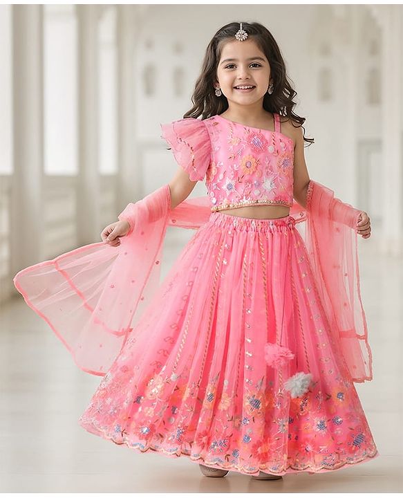 Babyhug Net Woven Off Shoulder Floral Sequenced Embroidered Choli Lehenga Set With and Dupatta - Pink
