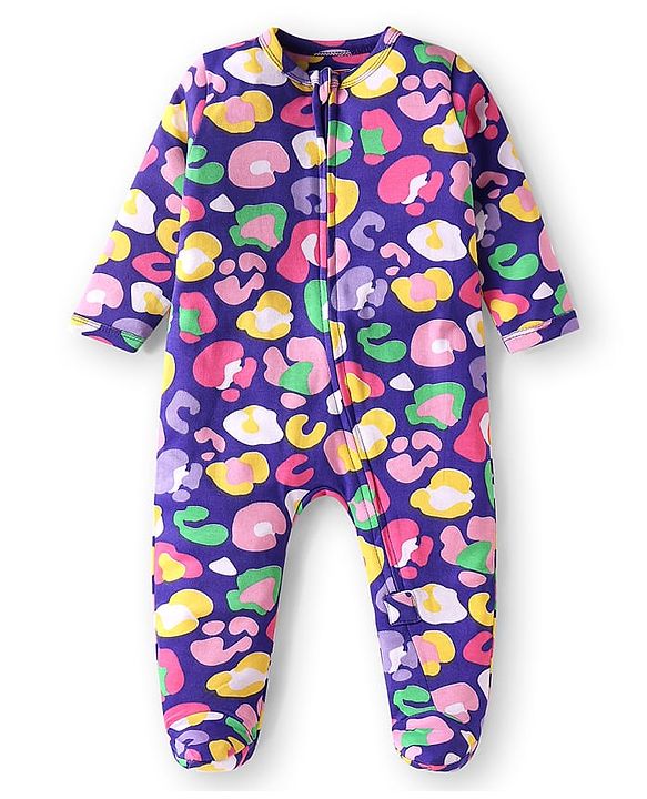Babyhug Cotton Knit Full Sleeves Printed Footed Sleep Suit - Violet