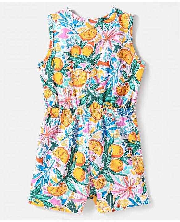 Babyhug Cotton Knit Sleeveless Jumpsuit with Tropical Theme Print - White