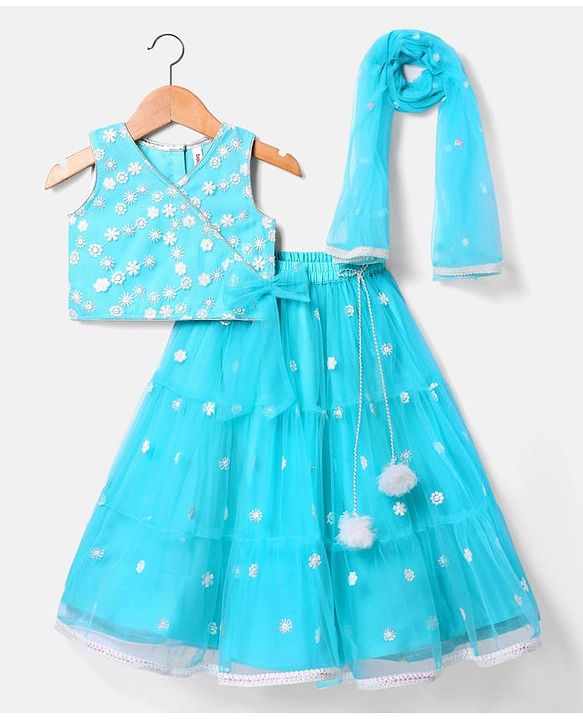 Babyhug Woven Sleeveless Floral Embroidered Choli Lehenga & Dupatta Set with Sequin & Tassel Detailing - Turquoise