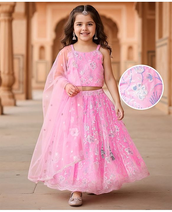 Babyhug Woven Sleeveless Floral Sequenced Embroidered Choli Lehenga Set With Dupatta - Pink