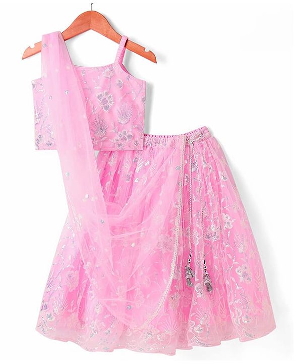 Babyhug Woven Sleeveless Floral Sequenced Embroidered Choli Lehenga Set With Dupatta - Pink