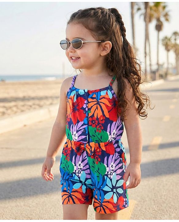Babyhug Cotton Knit Sleeveless Jumpsuit With Floral Print - Navy Blue
