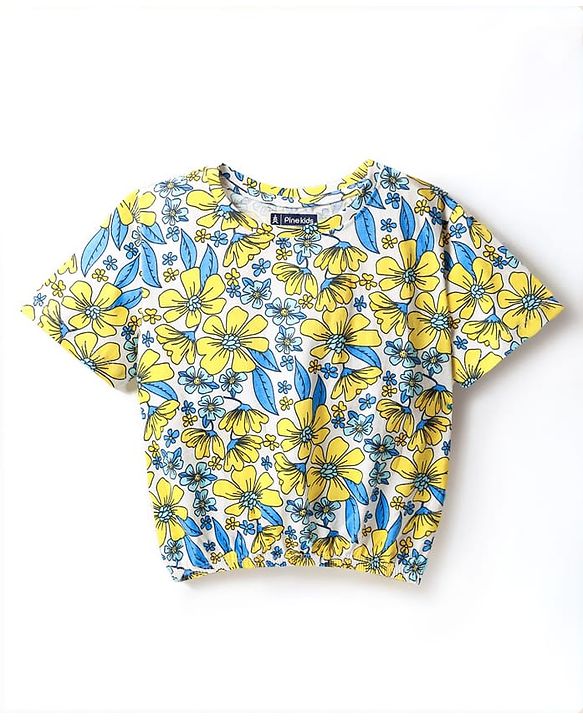 Pine Kids Cotton Knit Half Sleeves Floral Printed T-Shirt - White
