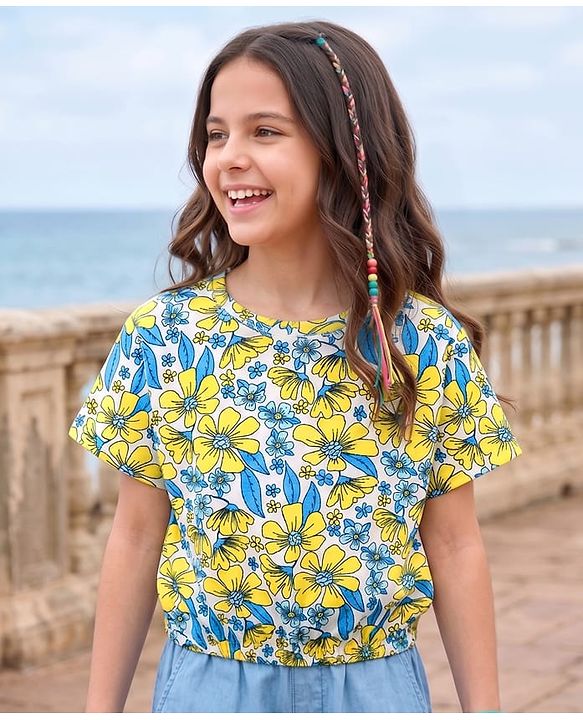 Pine Kids Cotton Knit Half Sleeves Floral Printed T-Shirt - White