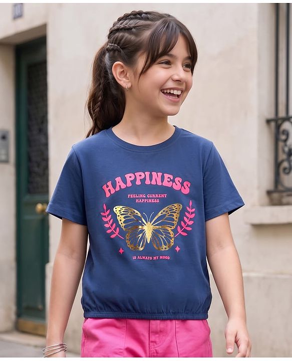 Pine Kids Cotton Knit Half Sleeves T-Shirt with Butterfly Foil Print - Navy Blue