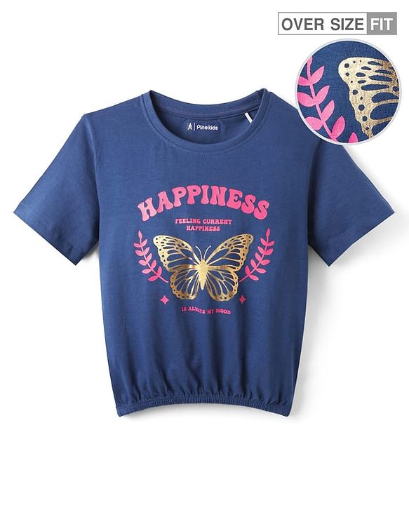 Pine Kids Cotton Knit Half Sleeves T-Shirt with Butterfly Foil Print - Navy Blue