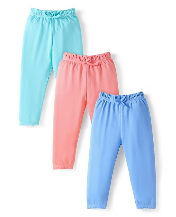 Babyhug Cotton Jersey Knit Full Length Solid Lounge Pants Pack of 3 - Pink Light & Aqua Blue