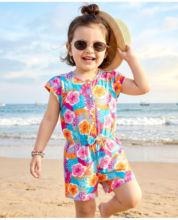 Babyhug Cotton Knit Sleeveless Jumpsuit with Floral Print & Bow Applique - Pink & Orange