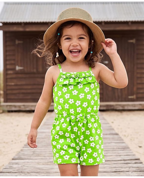 Babyhug Cotton Knit Sleeves Jumpsuit with Floral Print & Bow Applique - Light Green