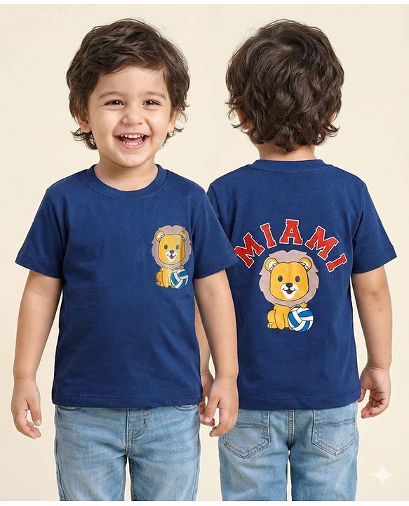 Babyhug Cotton Knit Half Sleeves T-Shirt With Animal Print On Front & Back - Navy Blue