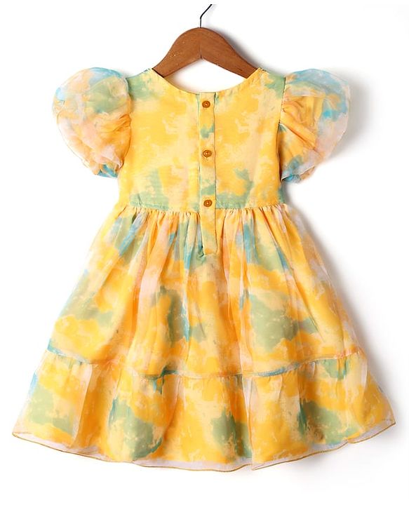 Babyhug Woven Puffed Sleeves Organza Ethnic Dress with Floral Embroidery - Yellow