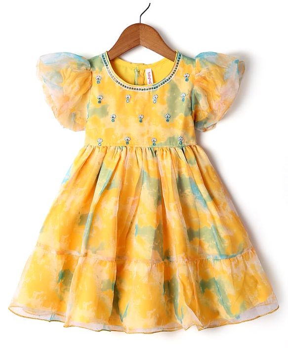 Babyhug Woven Puffed Sleeves Organza Ethnic Dress with Floral Embroidery - Yellow