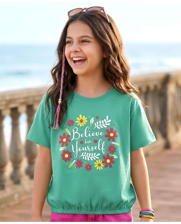 Pine Kids Cotton Knit Half Sleeves T-Shirt with Believe in Yourself Text Print - Mint