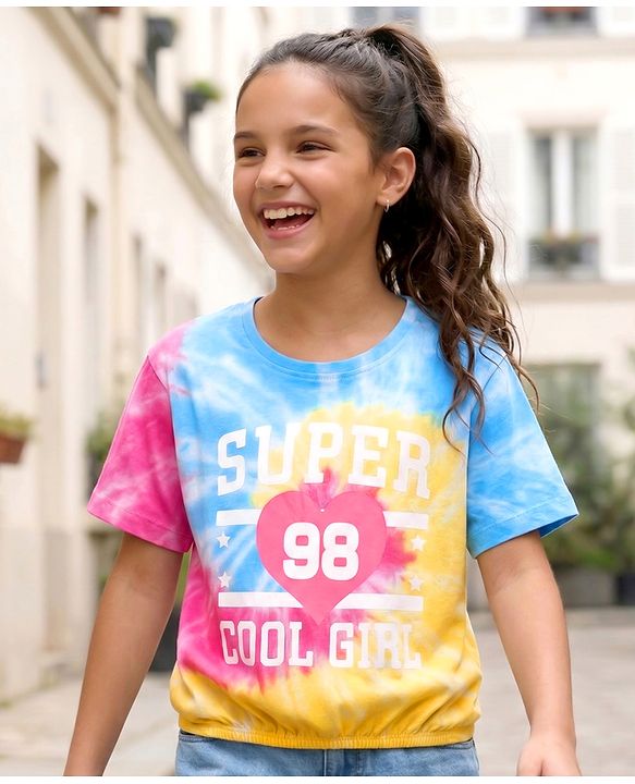 Pine Kids Cotton Knit Half Sleeves Tie & Dye T-Shirt with Text Print - Yellow Pink & Blue