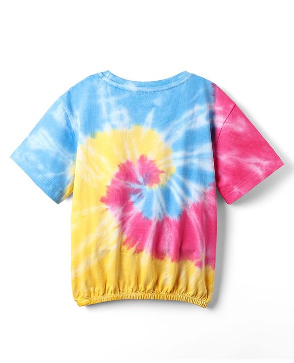 Pine Kids Cotton Knit Half Sleeves Tie & Dye T-Shirt with Text Print - Yellow Pink & Blue