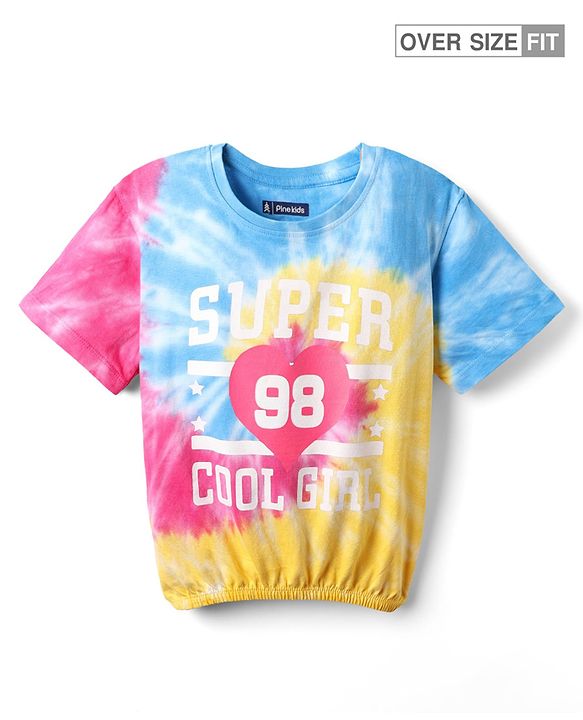 Pine Kids Cotton Knit Half Sleeves Tie & Dye T-Shirt with Text Print - Yellow Pink & Blue