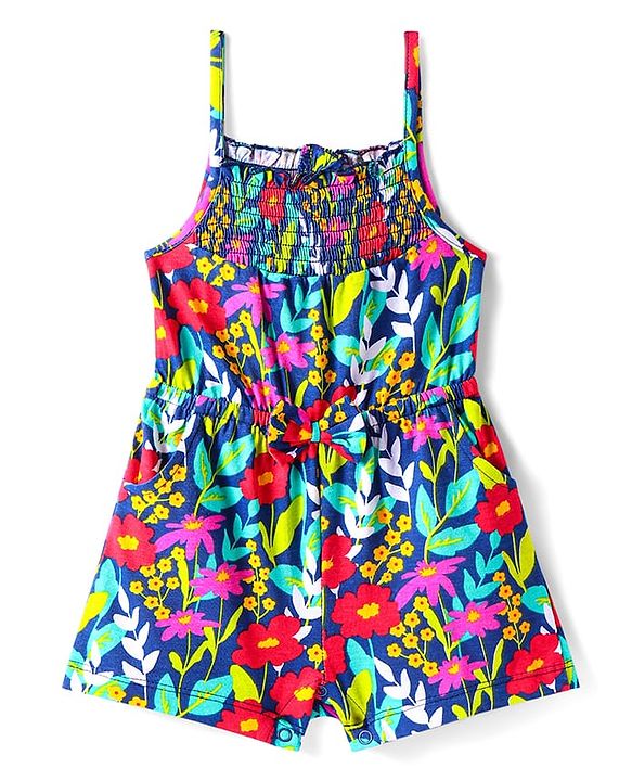 Babyhug Cotton Knit Singlet Sleeves Jumpsuit With Floral Print - Navy Blue