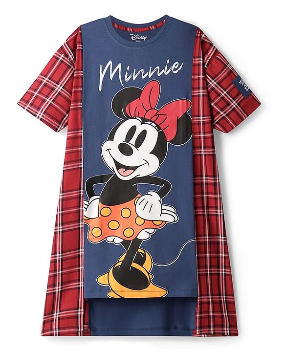 Pine Kids Disney Single Jersey Knit Half Sleeves Shrug Style Frock With Minnie Mouse Graphics & Badge Detailing - Red & Navy Blue