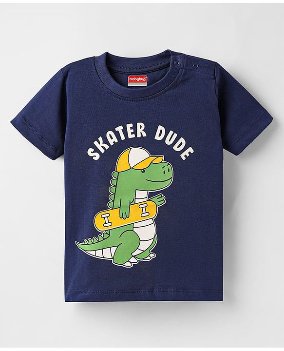 Babyhug Cotton Knit Half Sleeves T-Shirt with Dino Print - Navy Blue