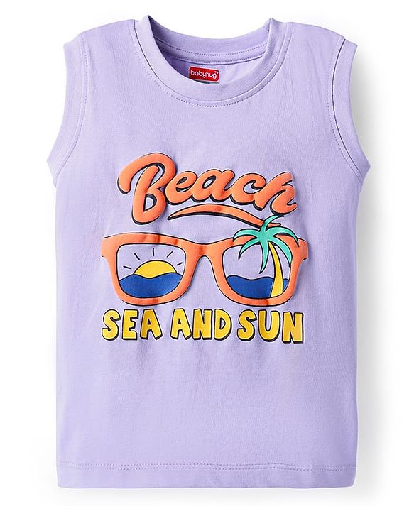 Babyhug Cotton Knit Sleeveless Tank T-Shirt With Beach Sea & Sand Text Print - Purple