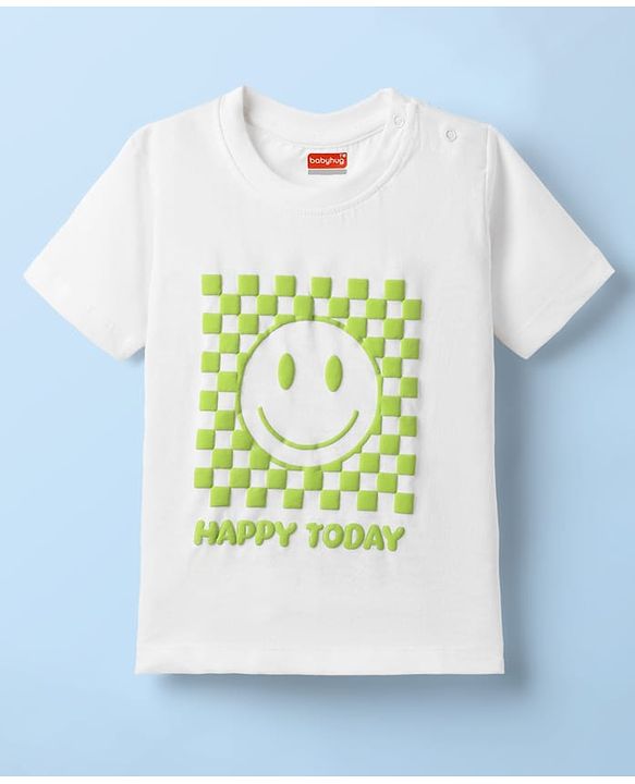 Babyhug Cotton Knit Half Sleeves T-Shirt with Smiley Puff Print - Light Green & White