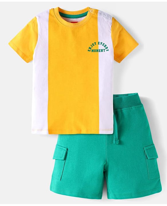 Babyhug Single Jersey Knit Half Sleeves T-Shirt & Shorts Set with Color Block & Text Print - White Yellow & Green