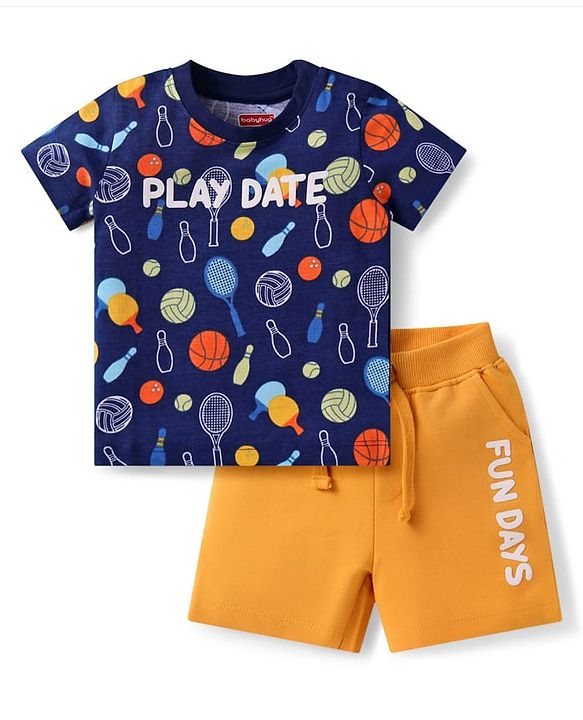 Babyhug Single Jersey Knit Half Sleeves T-Shirt & Shorts Set with Sports Theme Print - Navy Blue & Mustard