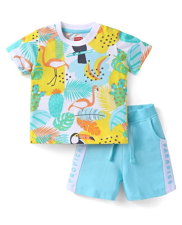 Babyhug Single Jersey Knit Half Sleeves T-Shirt & Shorts Set with Tropical Theme Print - Yellow & Light Blue