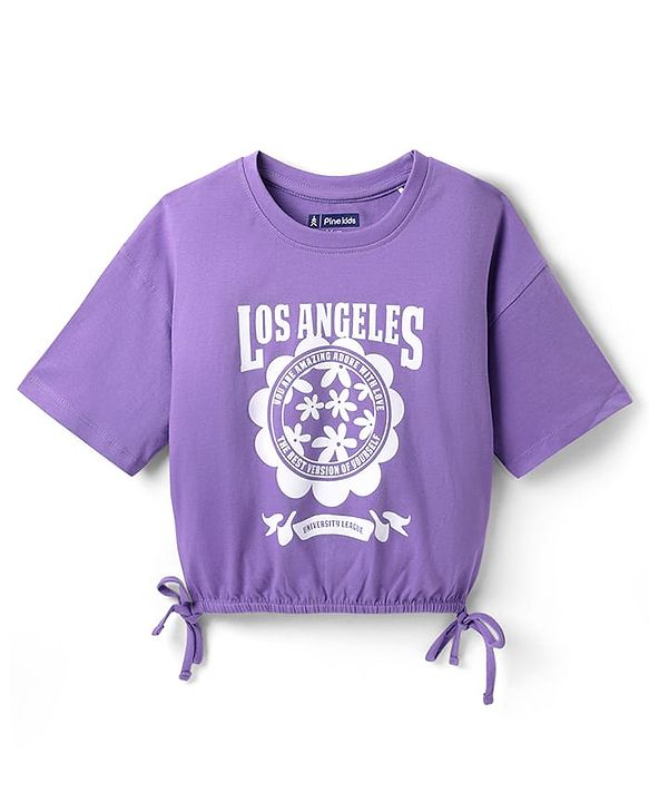 Pine Kids Cotton Knit Half Sleeves T-Shirt With Los Angeles Text Print - Purple