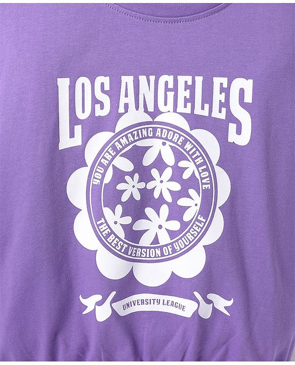 Pine Kids Cotton Knit Half Sleeves T-Shirt With Los Angeles Text Print - Purple