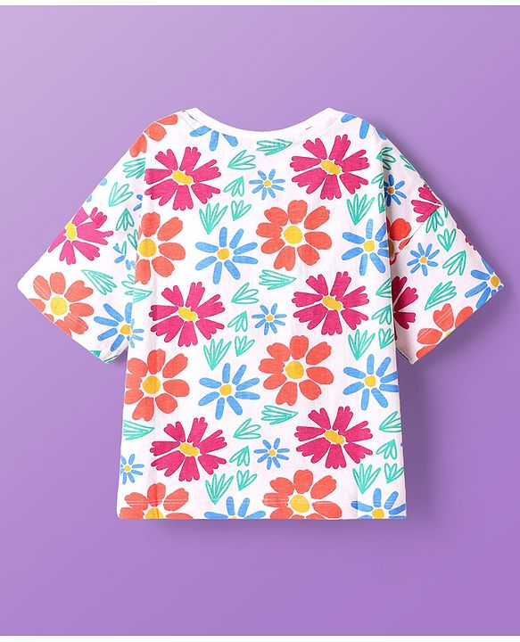 Pine Kids Cotton Knit Drop Shoulder Half Sleeves T-Shirt With Floral Print - White