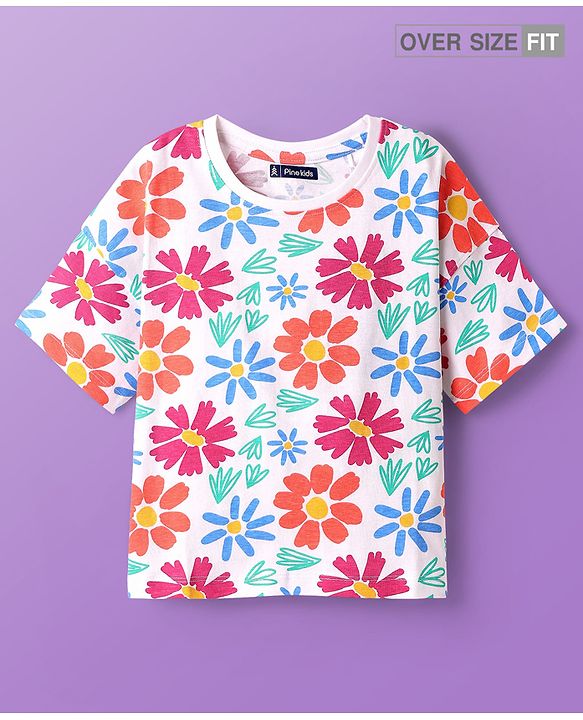 Pine Kids Cotton Knit Drop Shoulder Half Sleeves T-Shirt With Floral Print - White