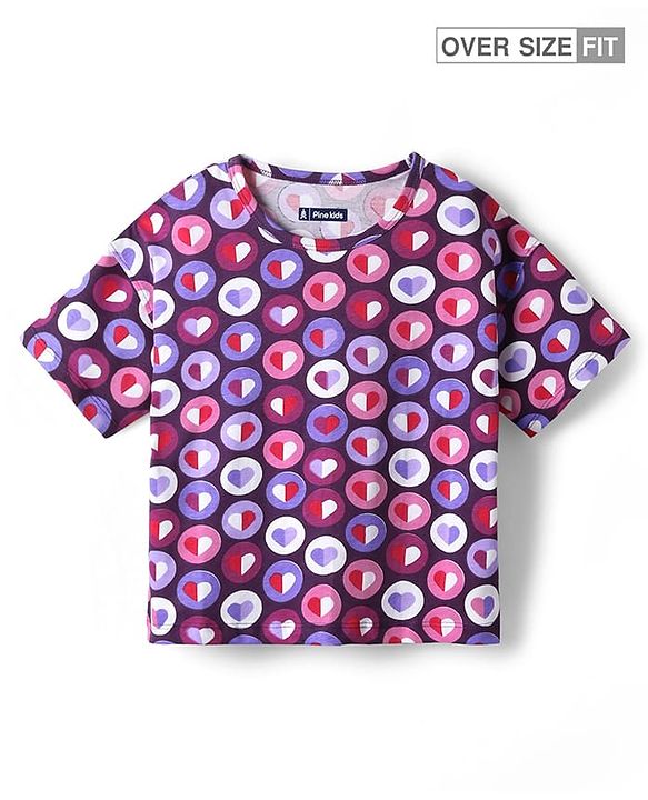 Pine Kids Cotton Knit Half Sleeves Oversized T-Shirt With Heart Print - Purple