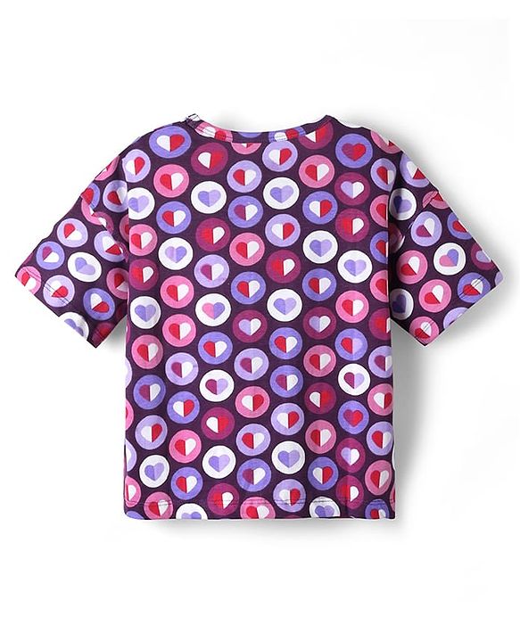 Pine Kids Cotton Knit Half Sleeves Oversized T-Shirt With Heart Print - Purple