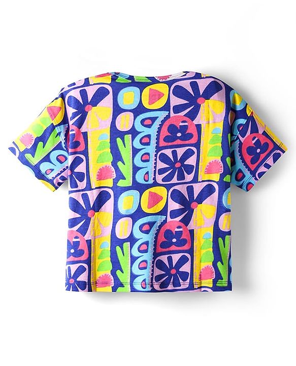 Pine Kids Cotton Knit Half Sleeves Oversized T-Shirt With Floral Print - Blue