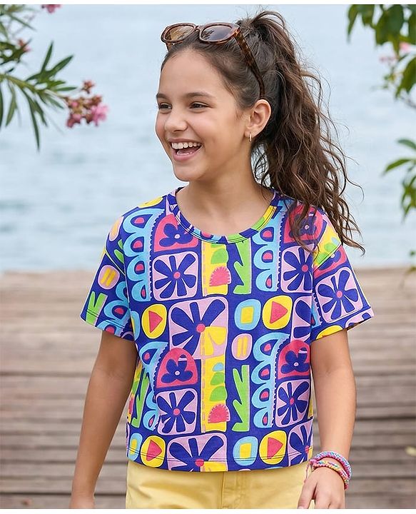 Pine Kids Cotton Knit Half Sleeves Oversized T-Shirt With Floral Print - Blue