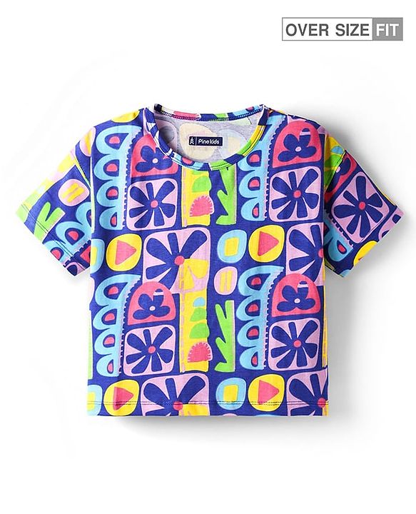 Pine Kids Cotton Knit Half Sleeves Oversized T-Shirt With Floral Print - Blue
