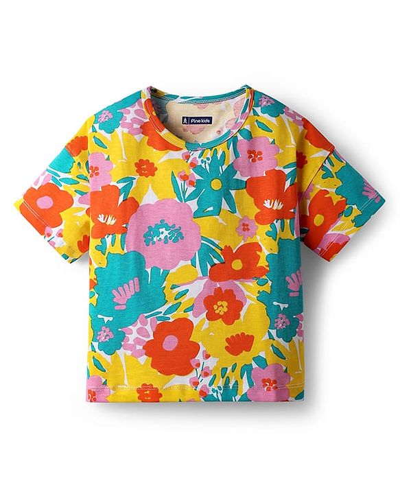 Pine Kids Cotton Knit Half Sleeves Drop Shoulder T-Shirt With Floral Print - White & Yellow