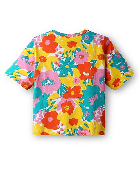 Pine Kids Cotton Knit Half Sleeves Drop Shoulder T-Shirt With Floral Print - White & Yellow