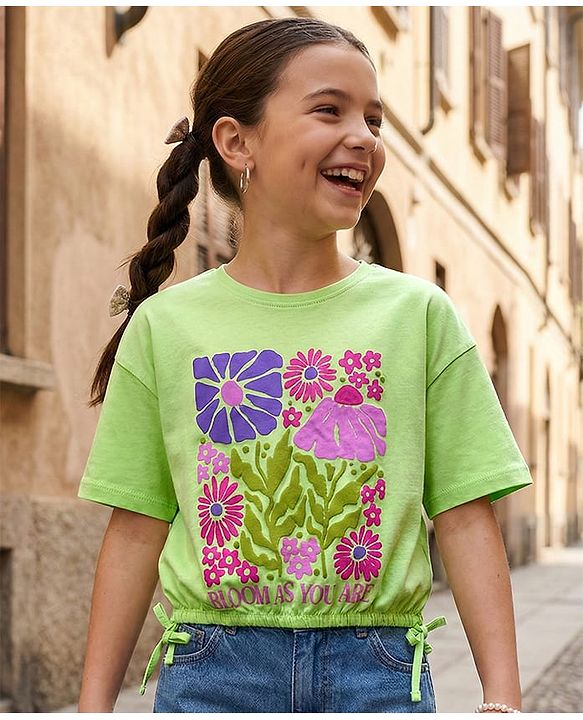Pine Kids Cotton Knit Half Sleeves T-Shirt With Floral Print & Knot Detailing - Green