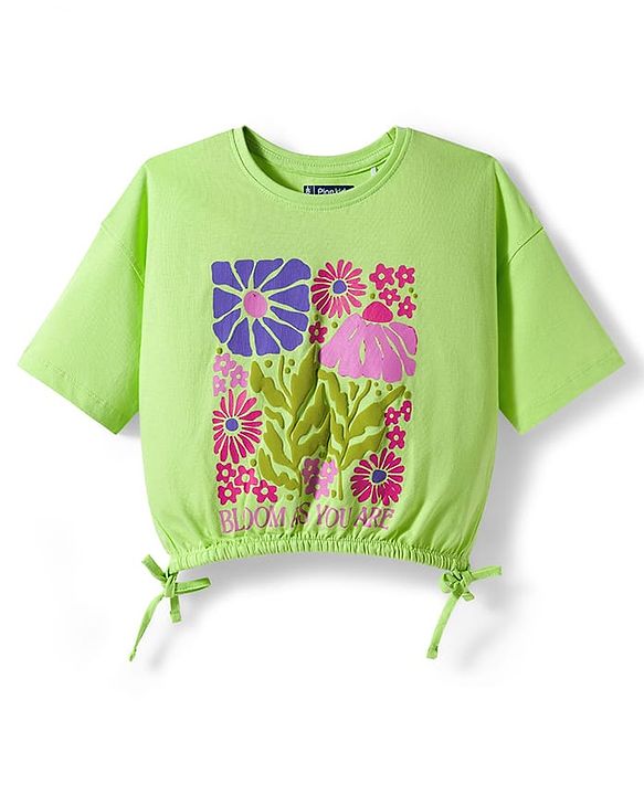Pine Kids Cotton Knit Half Sleeves T-Shirt With Floral Print & Knot Detailing - Green