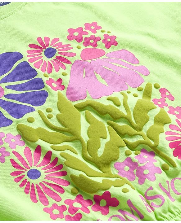 Pine Kids Cotton Knit Half Sleeves T-Shirt With Floral Print & Knot Detailing - Green