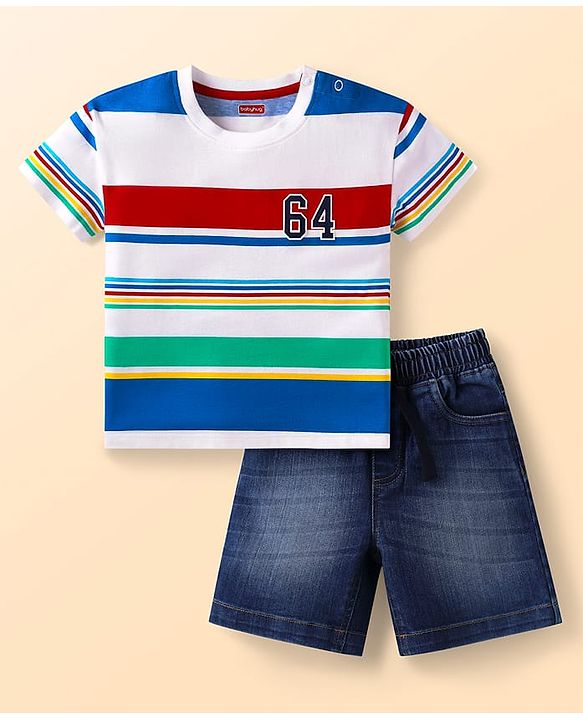 Babyhug Single Jersey Knit Half Sleeves T-Shirt & Denim Shorts Set with Stripes & Sport  Theme Print - White & Blue