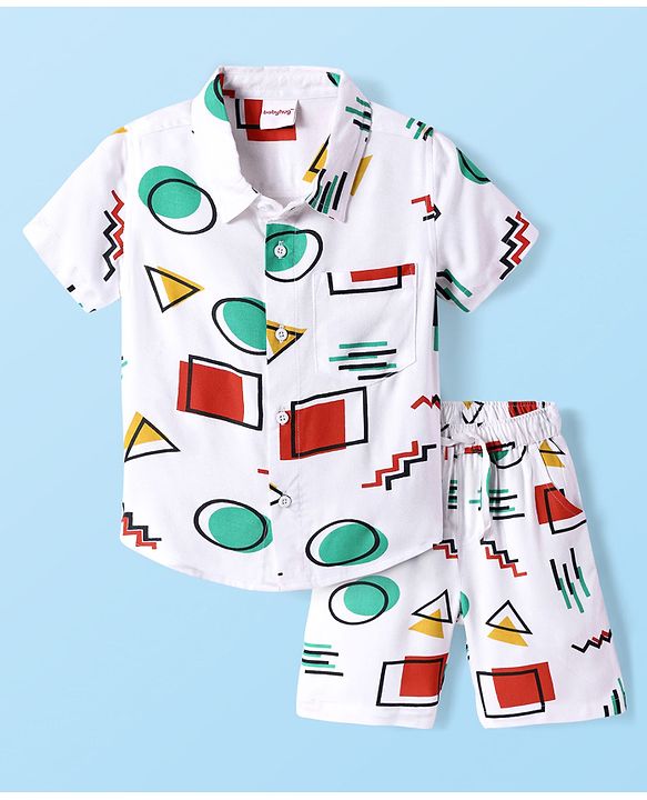 Babyhug Viscose Twill Half Sleeves Co-ords Shirt & Shorts Set with Geometric Shapes Print - White