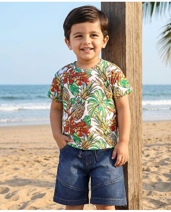 Babyhug Single Jersey Knit Half Sleeves T-Shirt & Denim Shorts Set with Pineapple Print - Multicolor