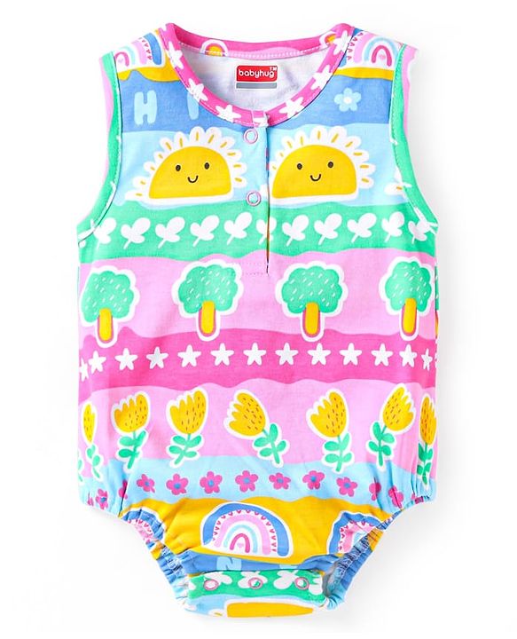 Babyhug 100% Cotton Knit Sleeveless Printed Onesie - Multicolor